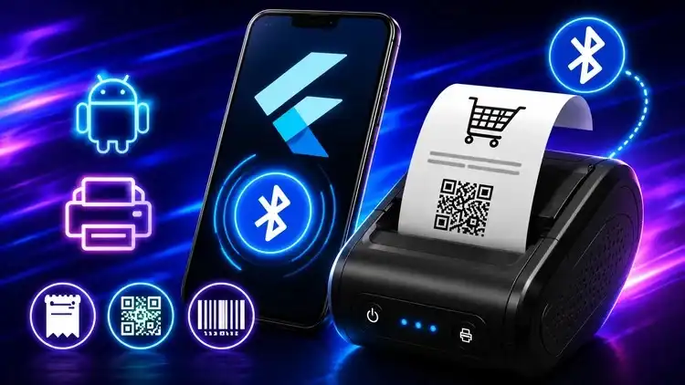 Capa do curso Flutter utilizando bluetooth p/ conexão com impressoras POS